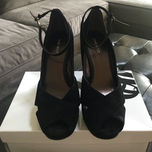 Black suede peep toe platform heels